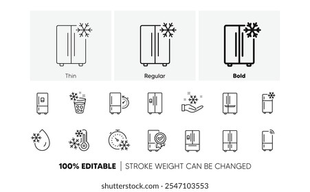 Frigorífico, congelador de armazenamento, máquina de refrigerador inteligente. Conjunto de ícones da linha de geladeira. Caixa mais fria, água com gelo, ícones do termômetro. Acesso remoto Wi-Fi, temporizador de termostato, congelador inteligente. Conjunto de ícones de linha. Vetor