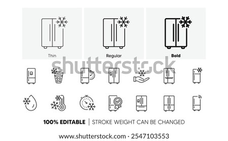 Refrigerator, freezer storage, smart fridge machine. Fridge line icons set. Cooler box, water with ice, thermometer icons. Wi-fi remote access, thermostat timer, smart freezer. Line icons set. Vector