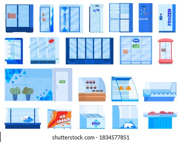 Refrigerator freezer vector illustration set. Cartoon flat fridge equipment collection for freezing or refrigerating food drink in kitchen, supermarket, shop cafe or restaurant isolated on white