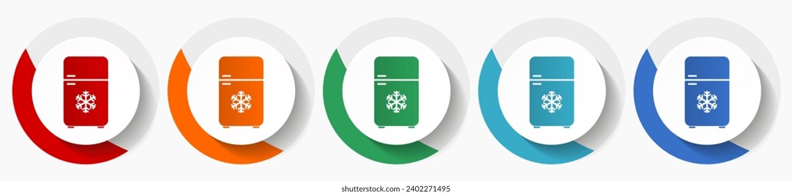 Refrigerator, fridge, cooler vector icon set, flat icons in 5 color options for logo design, webdesign and mobile applications, colorful round buttons