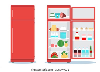 Refrigerator or Fridge opened with food. 