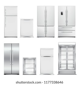 Refrigerator fridge realistic set of isolated cabinets with different models and door shapes on blank background vector illustration