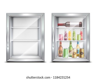 Refrigerator fridge realistic set with two isolated images of small refrigerated mini bar with glossy door vector illustration