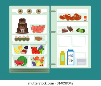 Refrigerator full of different healthy food on blue background.