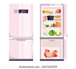 Refrigerator full of food close and open isolated set. Vector graphic design element illustration