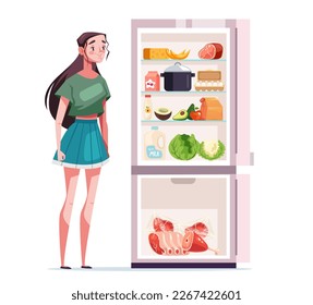 Refrigerator full of food close and open isolated set. Vector graphic design element illustration