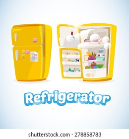 Refrigerator with Full Of Food. Closed and Opened.cute and cartoon style. cool ice typographic design. kitchen concept  - Vector Illustration