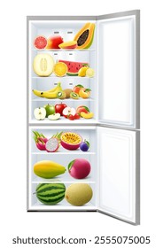 Refrigerator full of food. Opened fridge filled with fresh fruits and vegetables isolated on white background. Vegetarian meals. Saving freshness of products. Healthy nutrition concept. Realistic 3d v