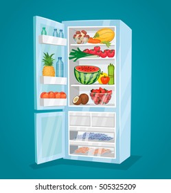 Refrigerator full of food. Opened fridge filled with fresh fruits and vegetables vector illustration on blue background. Vegetarian meals. Saving freshness of products. Healthy nutrition concept