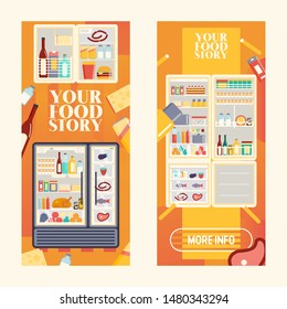 Refrigerator full of products set of banners vector illustration. Open cooler with fruits and vegetables, different sauces and drinks. Meat and fish on shelves of fridge. Your food story.