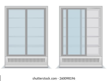 Refrigerator with glass door. Vector Illustration isolated on white background.