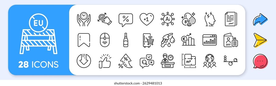 Refrigerator, Global business and Discount message line icons. Interest rate, AI generate, Inflation icons. Pack of Passport, Document signature, Stress icon. Vector