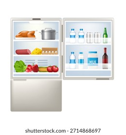 Refrigerador con comestibles. Vector 3D ilustración aislada sobre fondo blanco.