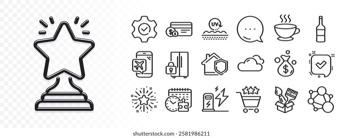 Refrigerator, Home insurance and Wine line icons for web app. Glare of light effect. Message icon. Pack of Confirmed, Money bag, Flight mode pictogram icons. Winner, Execute, Puzzle time signs. Vector