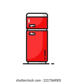 Refrigerator Household Appliance Red Freezer Isolated Color Line Icon. Vector Modern Shop Refrigerator, Industrial Fridge, Bar Chiller. Fridge Showcase With Two Doors, Kitchen Home Equipment