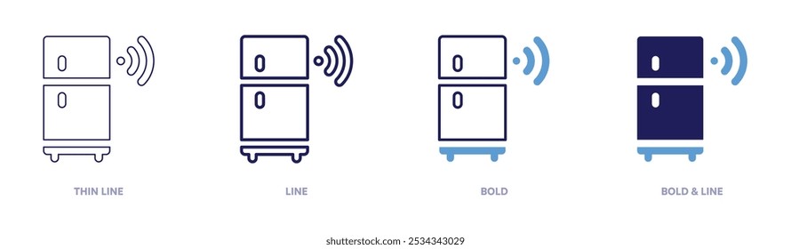 Icono del refrigerador en 4 estilos diferentes. Línea delgada, línea, negrita y línea negrita. Estilo duotono. Trazo editable.