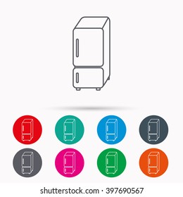 Refrigerator icon. Fridge sign. Linear icons in circles on white background.