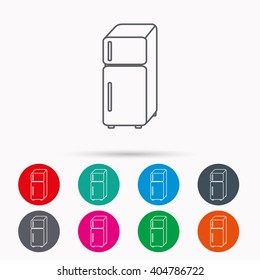 Refrigerator icon. Fridge sign. Linear icons in circles on white background.