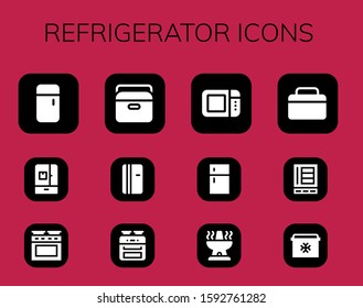 refrigerator icon set. 12 filled refrigerator icons. Included Fridge, Oven, Portable fridge, Refrigerator, Microwave oven icons