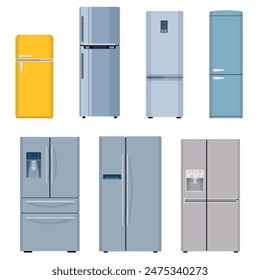 Refrigerator icon. Set refrigerators, side by side, one door, two doors. isolated on white background. Vector illustration in flat style.