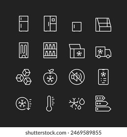 Refrigerator icons, white lines on black background. Food storage at low temps. Designs, energy efficiency, modes, functions, settings. Customizable line thickness