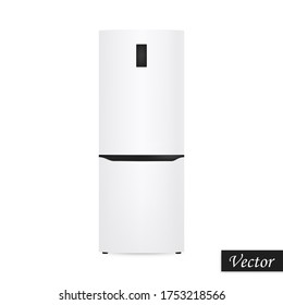Refrigerator isolated on white background. Realistic icon white frige. Vector illustration 3D. Design element.