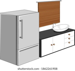 Refrigerator with kitchen furniture isolated on white background illustration