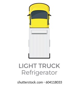 Refrigerator Light Truck Top View Icon. Small Lorry With Freezer Container Flat Vector Isolated On White Background. Commercial Vehicle Illustration For Distribution Logistic Concepts And Infographics