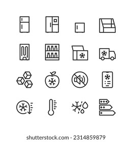 Refrigerator, linear style icons set. Food storage at low temperature. Design and energy efficiency. Basic refrigerator modes, functions and settings. Editable stroke width