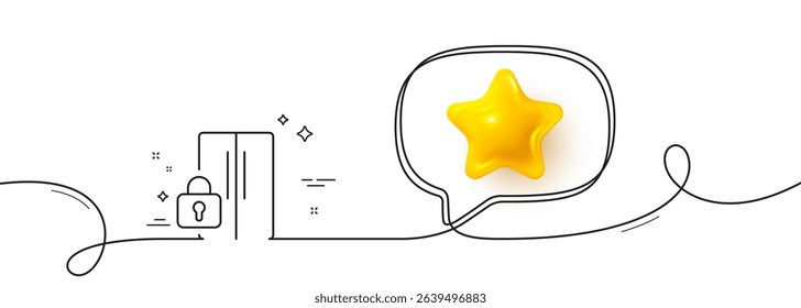 Refrigerator locked line icon. Continuous line with 3d star. Fridge child lock sign. Freezer storage symbol. 3d star in speech bubble. Refrigerator single line ribbon. Loop curve pattern. Vector