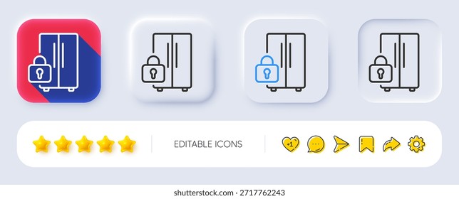 Icono de línea bloqueada del refrigerador. Neumórfico, Sombra plana, Botones 3D. Señal de bloqueo de niño del refrigerador. Símbolo de almacenamiento del congelador. Icono de línea del refrigerador. Iconos de redes sociales. Vector