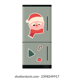 Refrigerator in сhristmas magnet stickers for festive decoration. Flat vector illustration.