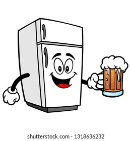 Refrigerator Mascot with Beer - A vector cartoon illustration of a home kitchen refrigerator mascot with a mug of Beer.
