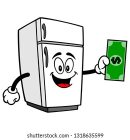 Refrigerator Mascot with a Dollar - A vector cartoon illustration of a home kitchen refrigerator mascot holding a Dollar.