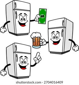 Refrigerador Mascot Set 04, ilustraciones dibujadas a mano de las mascotas del refrigerador en varias poses.