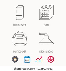 Refrigerator, multicooker and oven icons. Kitchen hood linear sign. Calendar, Graph chart and Cogwheel signs. Download colored web icon. Vector