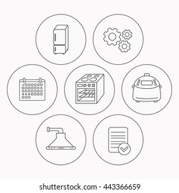 Refrigerator, multicooker and oven icons. Kitchen hood linear sign. Check file, calendar and cogwheel icons. Vector