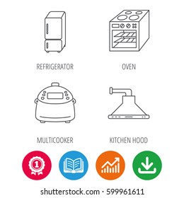 Refrigerator, multicooker and oven icons. Kitchen hood linear sign. Award medal, growth chart and opened book web icons. Download arrow. Vector