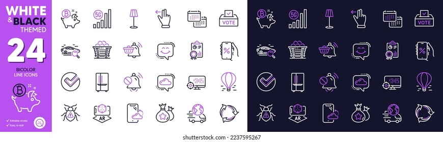 Refrigerator, Mute sound and Software bug line icons for website, printing. Collection of Discounts app, Smartphone cloud, Seo icons. Smile chat, Augmented reality, Air balloon web elements. Vector