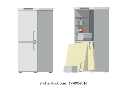 Refrigerator New and old, whole and hard. Vector illustration, flat.