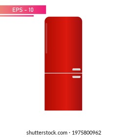 Refrigerator in the old style with two chambers, red color, with a handle. Realistic design. On a white background. Flat vector illustration.