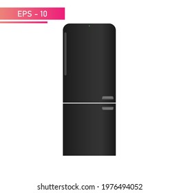 Refrigerator in the old style with two chambers, black stylish color, with a handle. Realistic design. On a white background. Household appliances for the home. Flat vector illustration.