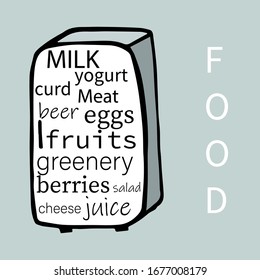 refrigerator on a blue background with food labels