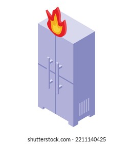 Refrigerator on fire icon isometric vector. Repair fridge. Home appliance