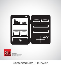 Refrigerator with one compartment and freezer with door open and compartment for bottles. Refrigerator with food. Kitchen appliance. Household equipment. Detailed icon kitchen appliance refrigerator.