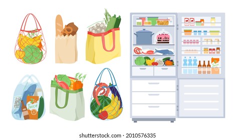 Refrigerator with open door, bags full of food from grocery store or supermarket set