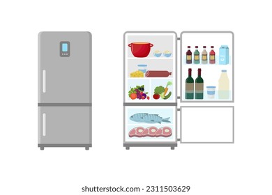 Refrigerator with open doors, a full of food. Vector illustration