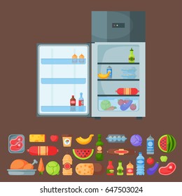 Refrigerator organic food kitchenware household utensil fridge appliance freezer vector illustration.