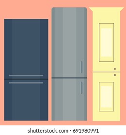 Refrigerator organic food kitchenware household utensil fridge appliance freezer vector illustration.