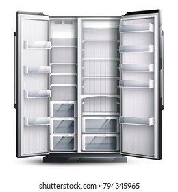 Refrigerator Organization Monochrome Design Concept With Opened Empty Wider Fridge On White Background In Realistic Style Vector Illustration 